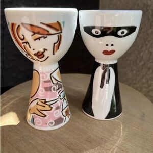 Ritzenhoff 2 Egg Holders Masked Man & Women Rare. Looks Very Retro